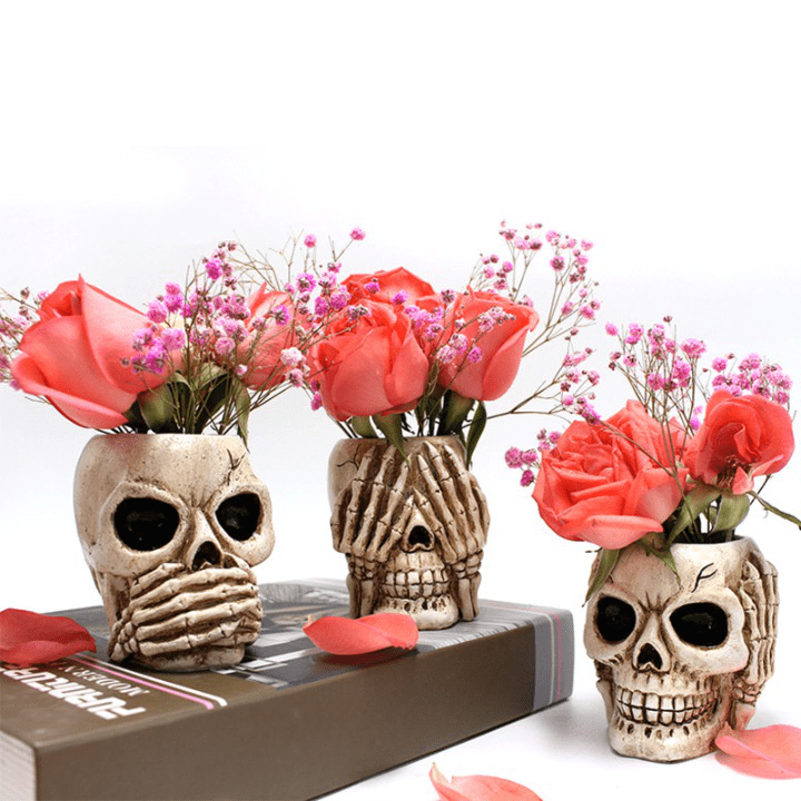 Jardioui Pots de Fleurs Artistiques Design Crâne en Résine (Lot de 2 + 1 Offert)